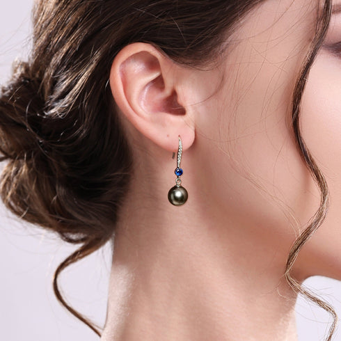 9-10mm Tahitian Pearl Sapphire Hook Earrings